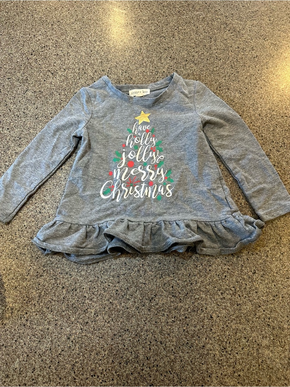 Copper Key Grey Long-Sleeve Ruffle Hem Holiday Tee with Tree Graphic